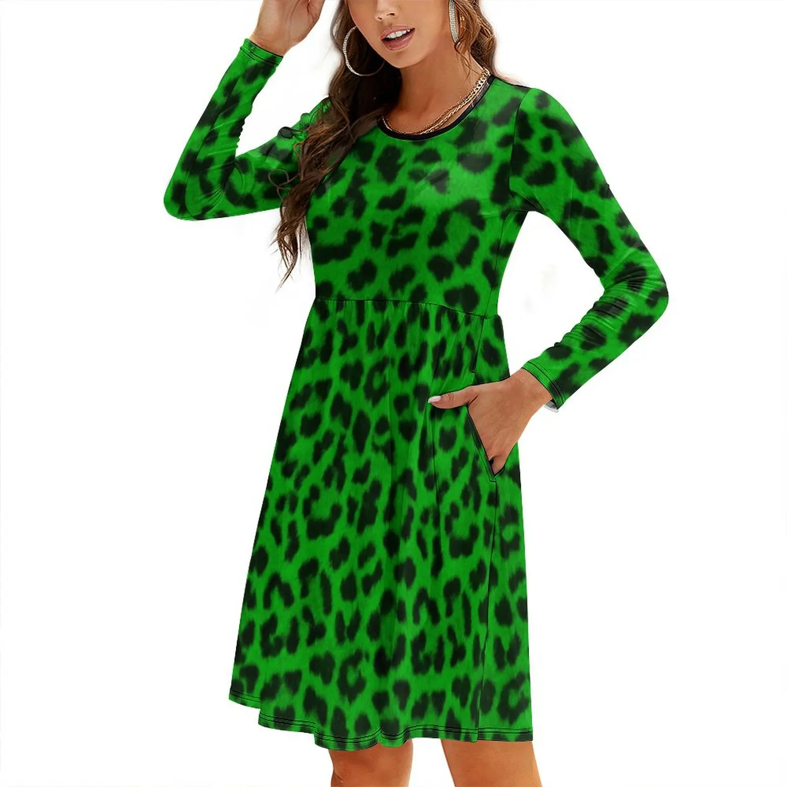 

Lime Leopard Print Round Neck Baggy Dress birthday dress for women luxury 2024 ceremony dresses