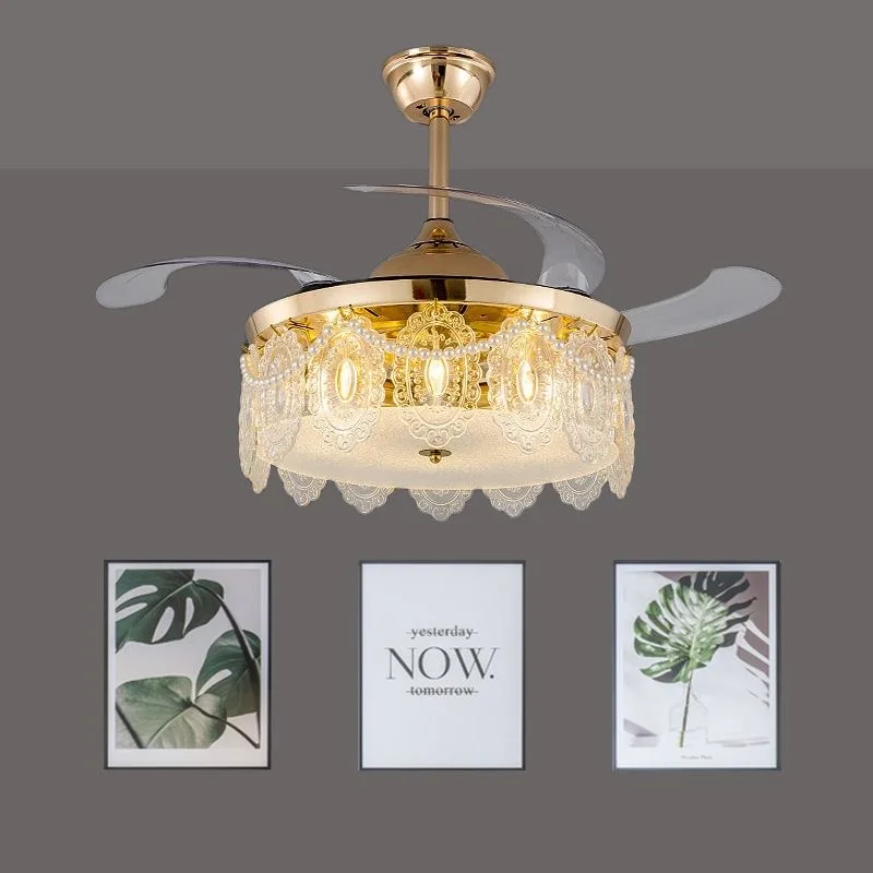 42"Invisible Ceiling Fan Chandelier Light Modern Crystal Ceiling Fan Lamp Remote Control For Bedroom Gold Decro
