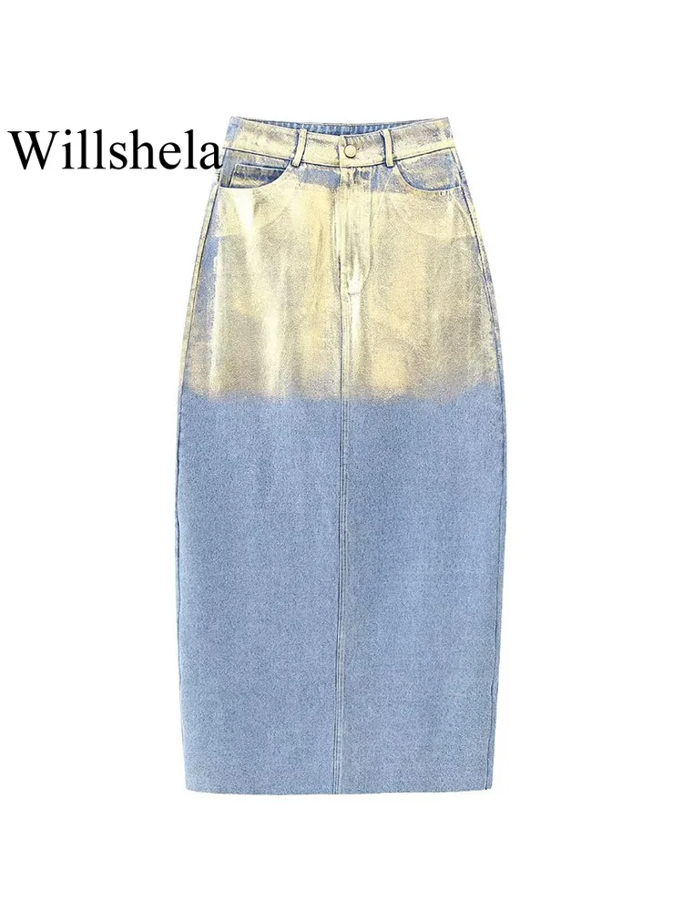 

Willshela Women Fashion Denim Blue Front Zipper Back Slit Midi Skirts Vintage High Waist Female Chic Lady Skirts
