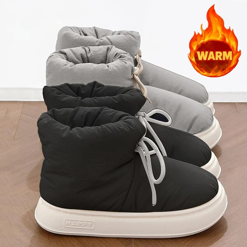 Winter Men Slippers Short Plush Women Cotton Boots Waterproof Outdoor Indoor Soft Sole Warm Non-slip Fluffy House Shoes