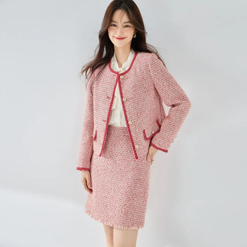 Autumn French Pink Wool Tweeds Skirts Suit Female Age-Reducing Jackets Tassel Mini Skort Sets Retro Round Neck Hip-covering New vest coats for women cardigans y2k retro korean style clothes outerwear blazer jackets warm winter cotton coats vests tops