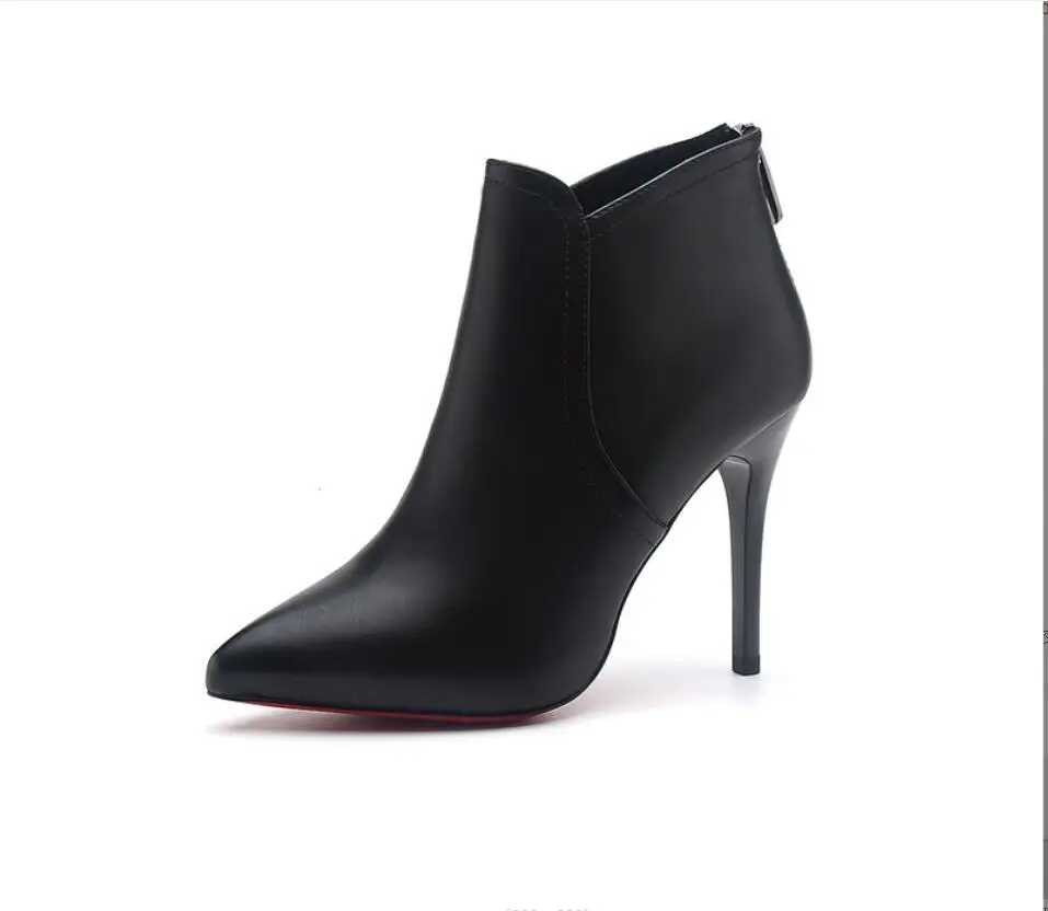 New Women Boots Ankle PU Leather Boots High Heels Autumn Shoes Black Winter Boots Fine with high heels Pointed Toe Shoes Large