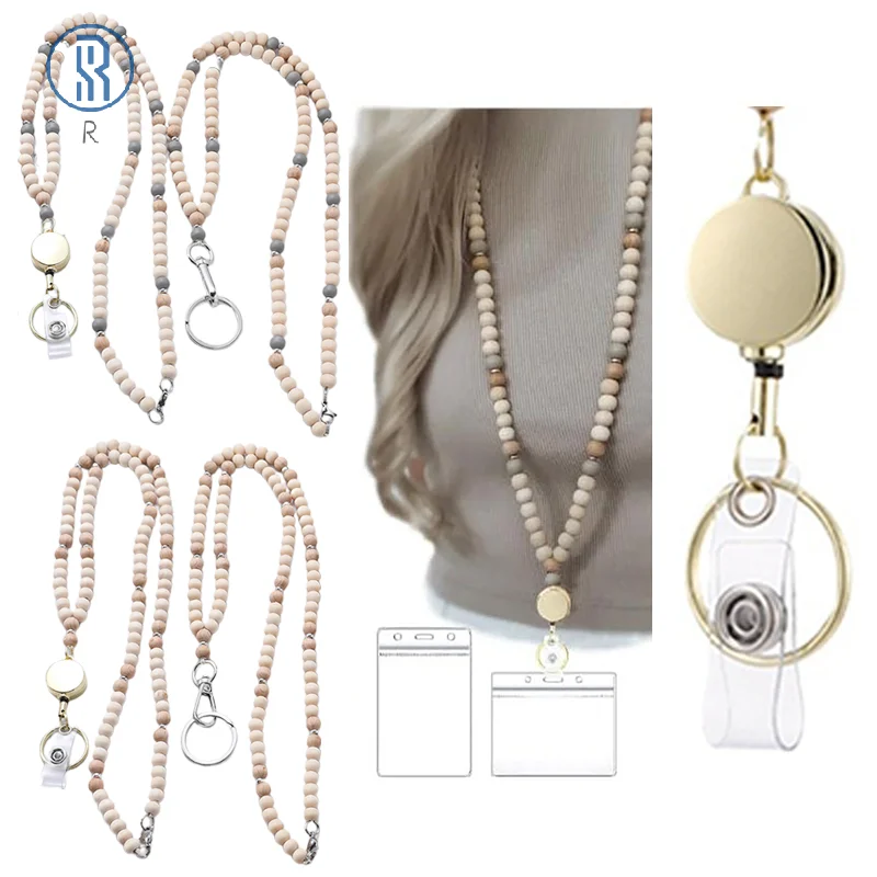 여성용 접이식 나무 구슬 배지 거치대, 보호 끈, ID 배지, 크리스마스 교사 랜야드 크루즈 랜야드 선물