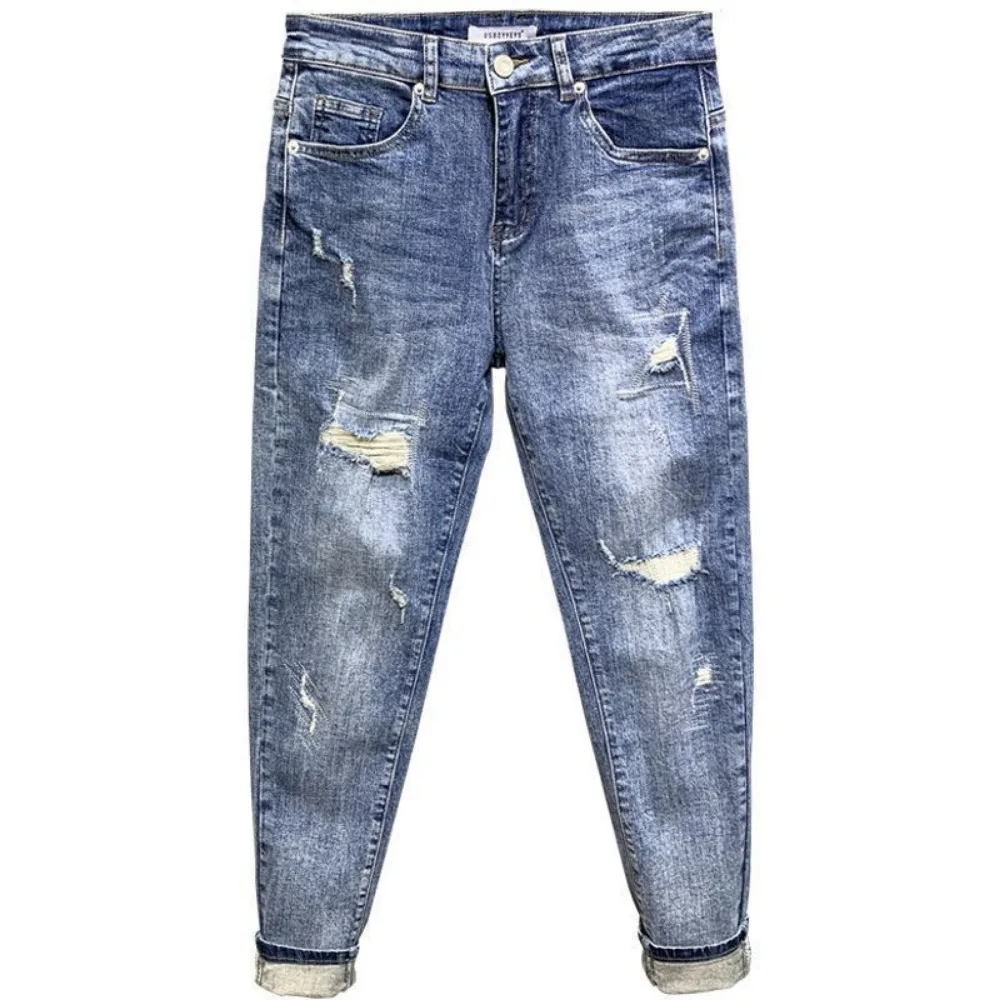 Stylish Korean Luxury Clothing Men's Jeans for Stylish and Fashionable Men Ripped Hole Design Streetwear Slim Denim Trousers