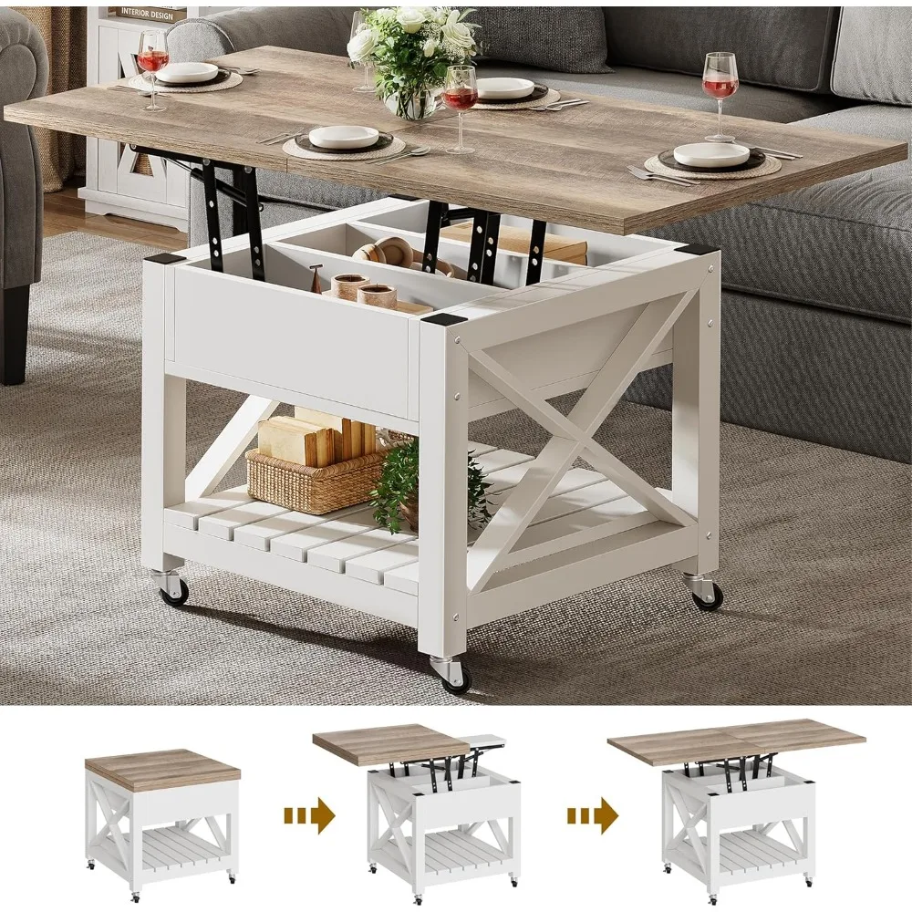 Lift Top Coffee Table with Wheels Farmhouse Square Center Table with Storage Compartment Rolling Coffee Table 6