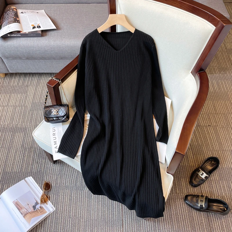 

Elegant Knit Long Dresses For Women 2023 Casual Female Large Size 4XL Autumn Winter Long Sleeve Warm Loose Black Basic Clothes