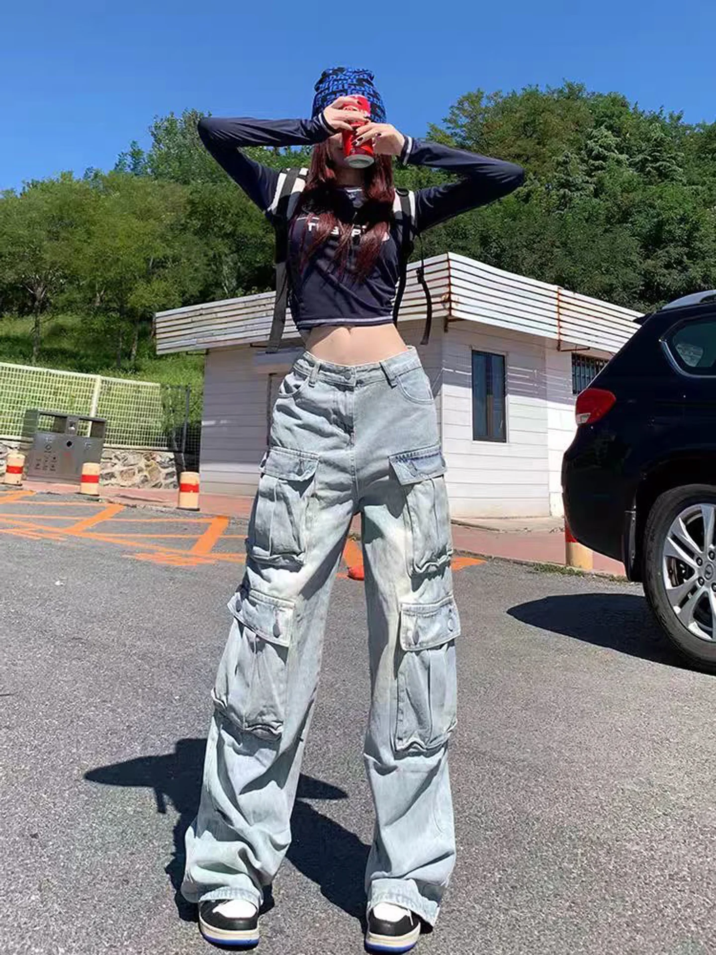 American Style Vintage Multi-Pocket Workwear Denim Pants Women's Slim Loose Straight Hip Hop Street Wide Leg Casual Trousers