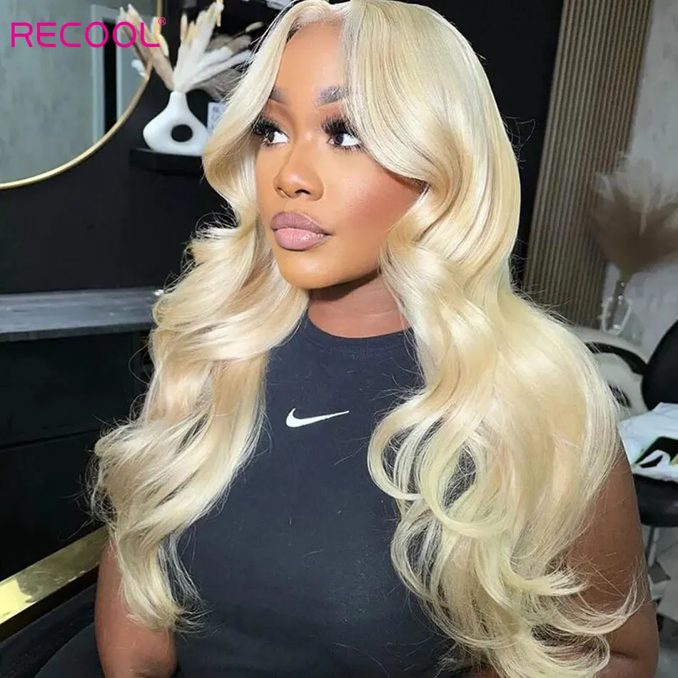 Recool 613 Blonde Curtain Bangs Lace Closure Wig Human Hair Glueless 6&times;5 Pre Cut&Bleached Hd Lace Body Wave Wig