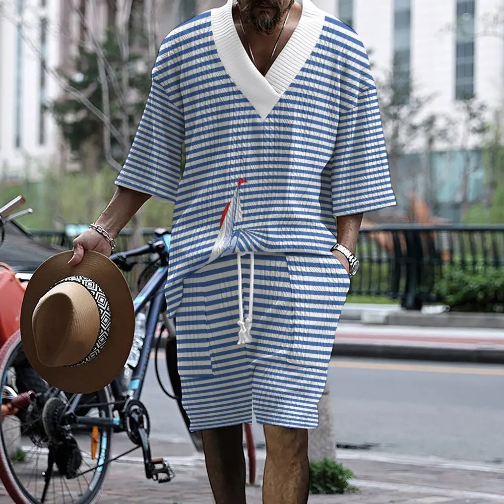 

2024 Men's Trendy Printing Casual Set Men's Summer Loose Short sleeved Shorts V-neck Dynamic Set Two piece Set for Men