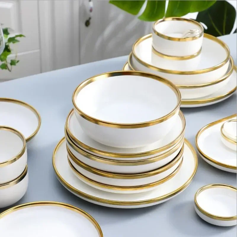 Gold Inlay Bright Porcelain White Dinner Sets Bowl Ceramic Dish Plates Dinnerware Set for Household Hotel