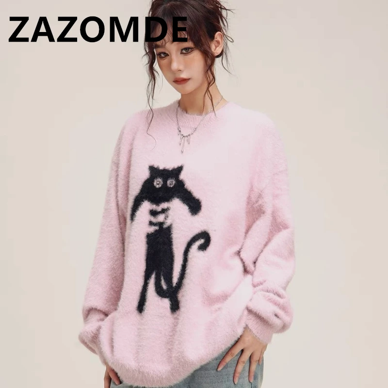 ZAZOMDE Japanese High Street Oversized Pullovers Man O-neck Casual Cartoon Cat Jumper Winter Clothes Knitwear Fashion Sweaters