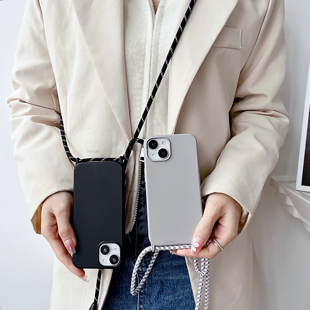 새로운 크로스 바디 매는 밧줄 액체 실리콘 전화 케이스 iPhone 11 12 13 14 15 Pro Max XS X XR 7 8 Plus SE 목걸이 스트랩 소프트 커버