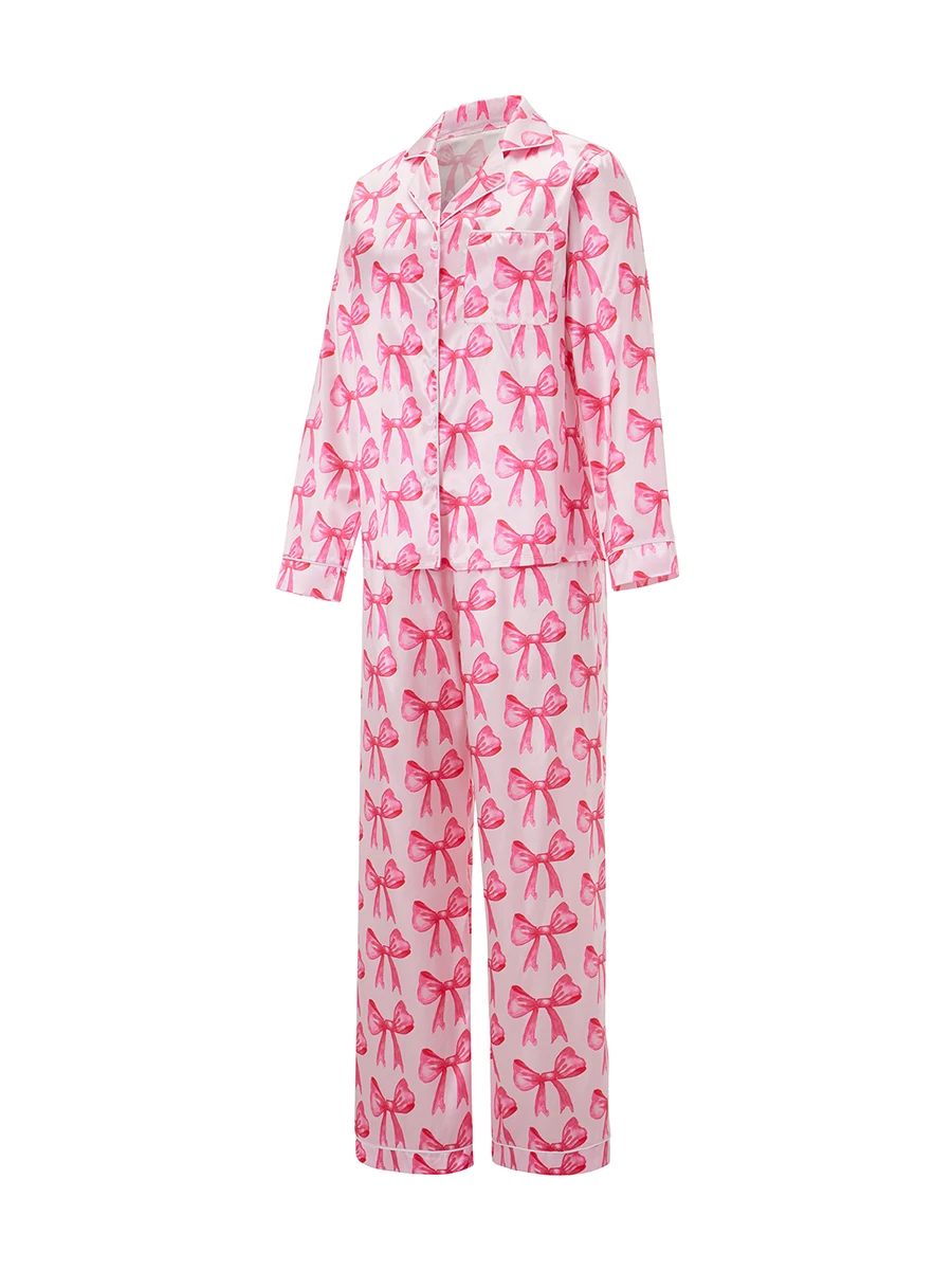 Women s Cozy Autumn Pajama Set with Cute Bow Print Soft Button Down Top and Matching Pants for Lounging 2 Piece Set for Fall