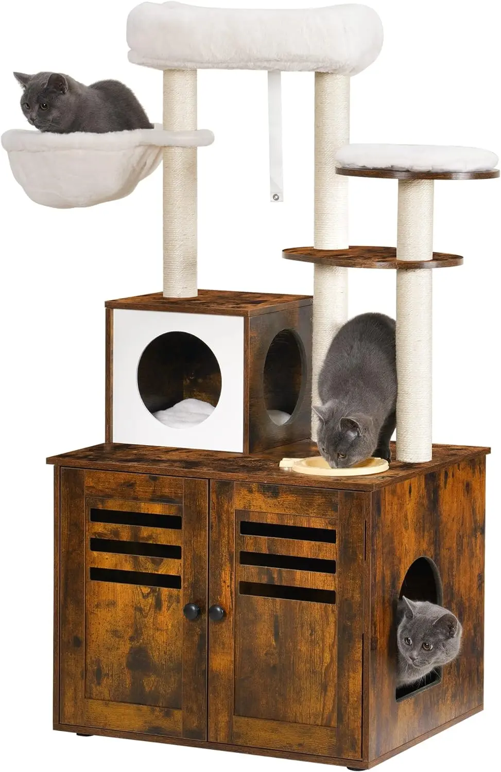 Cat Tree with Wooden Box Litter Box Enclosure Integrated Indoor Cat Furniture Training Cat Scratching Climbing Frame