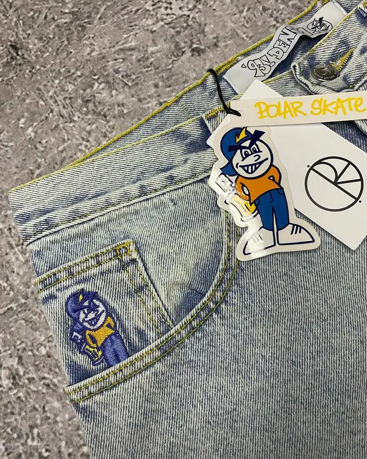 Polar Big Boy Jeans Y2K Harajuku Gothic Hip Hop Cartoon Embroidery Retro Blue Baggy Jeans Women Men High Waist Wide Leg Trouser 5