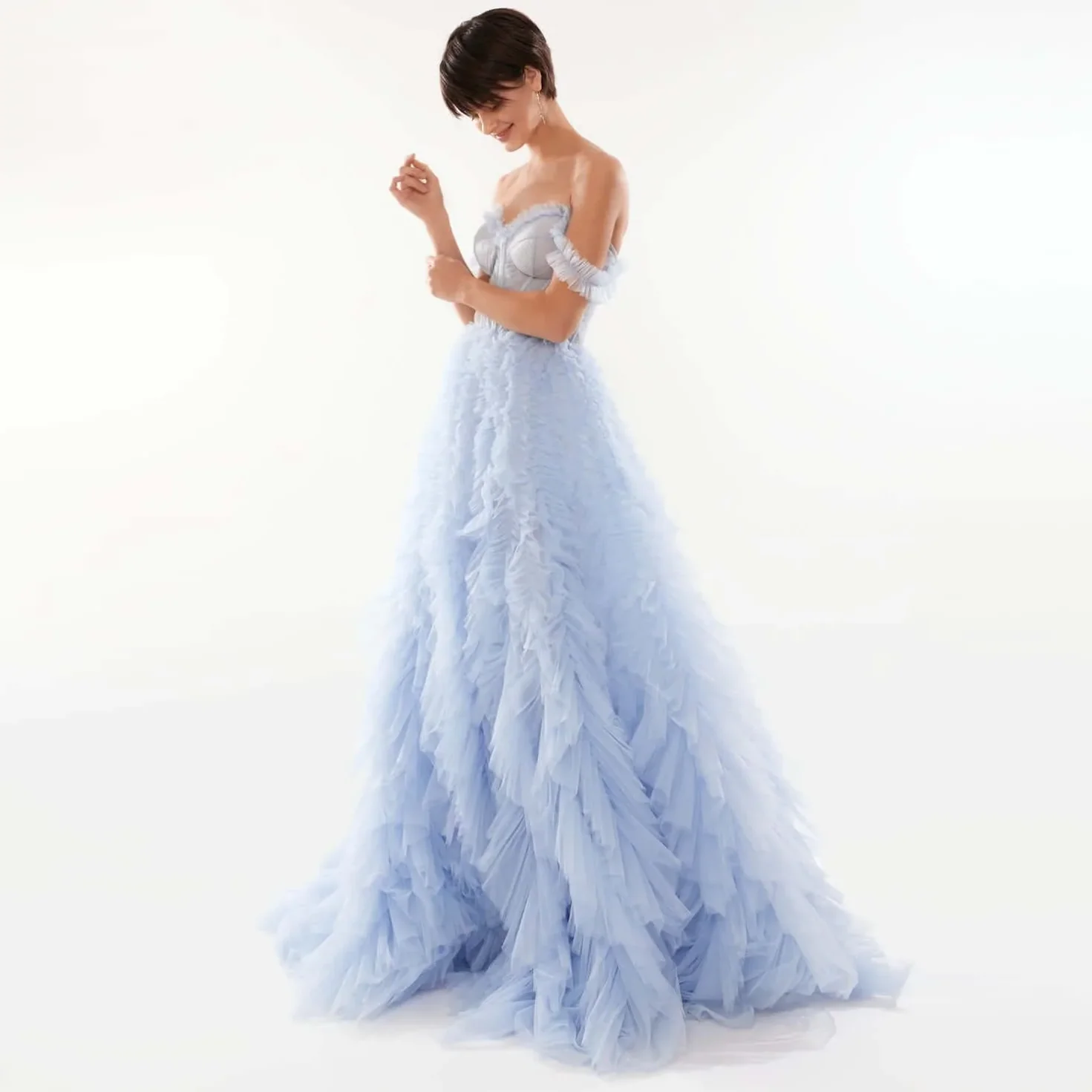 

Light Blue All Ruffled Up Evening Fluffy Dress Long Prom Maxi Gown Party Dresses Fashion Ruffles Tulle Formal Dress Custom Made