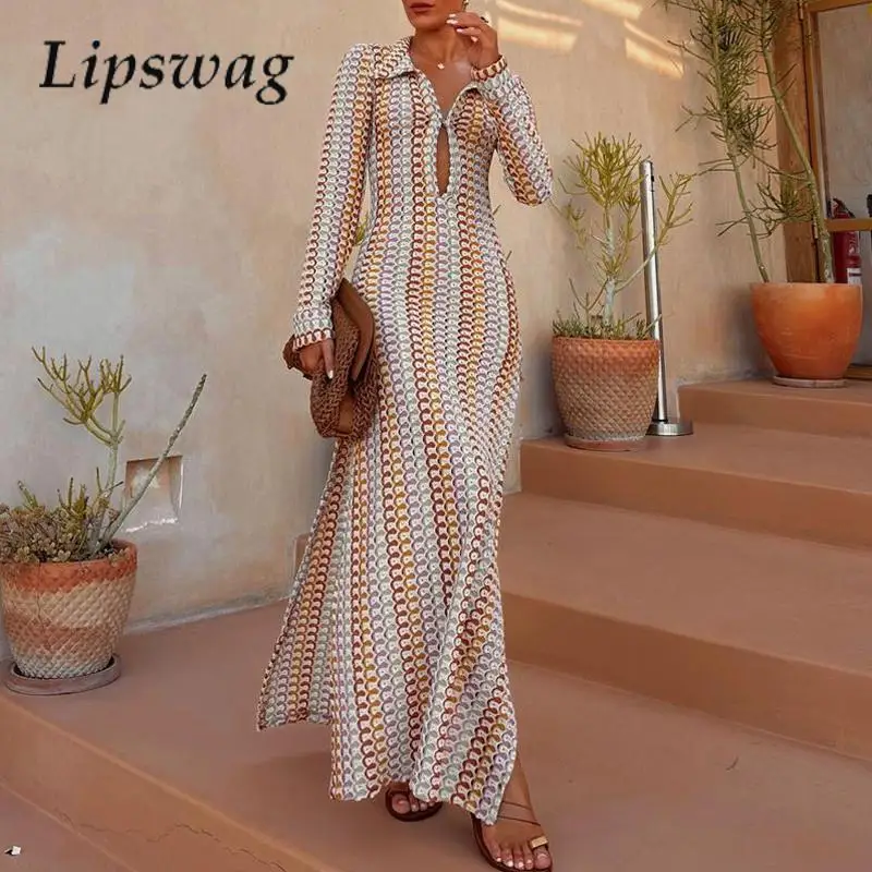 

Sexy Color Hollow Out Long Sleeve Party Dress Women Elegant Lapel Skinny Versatile Dress Autumn Fashion Bohemian Dress Vestidos