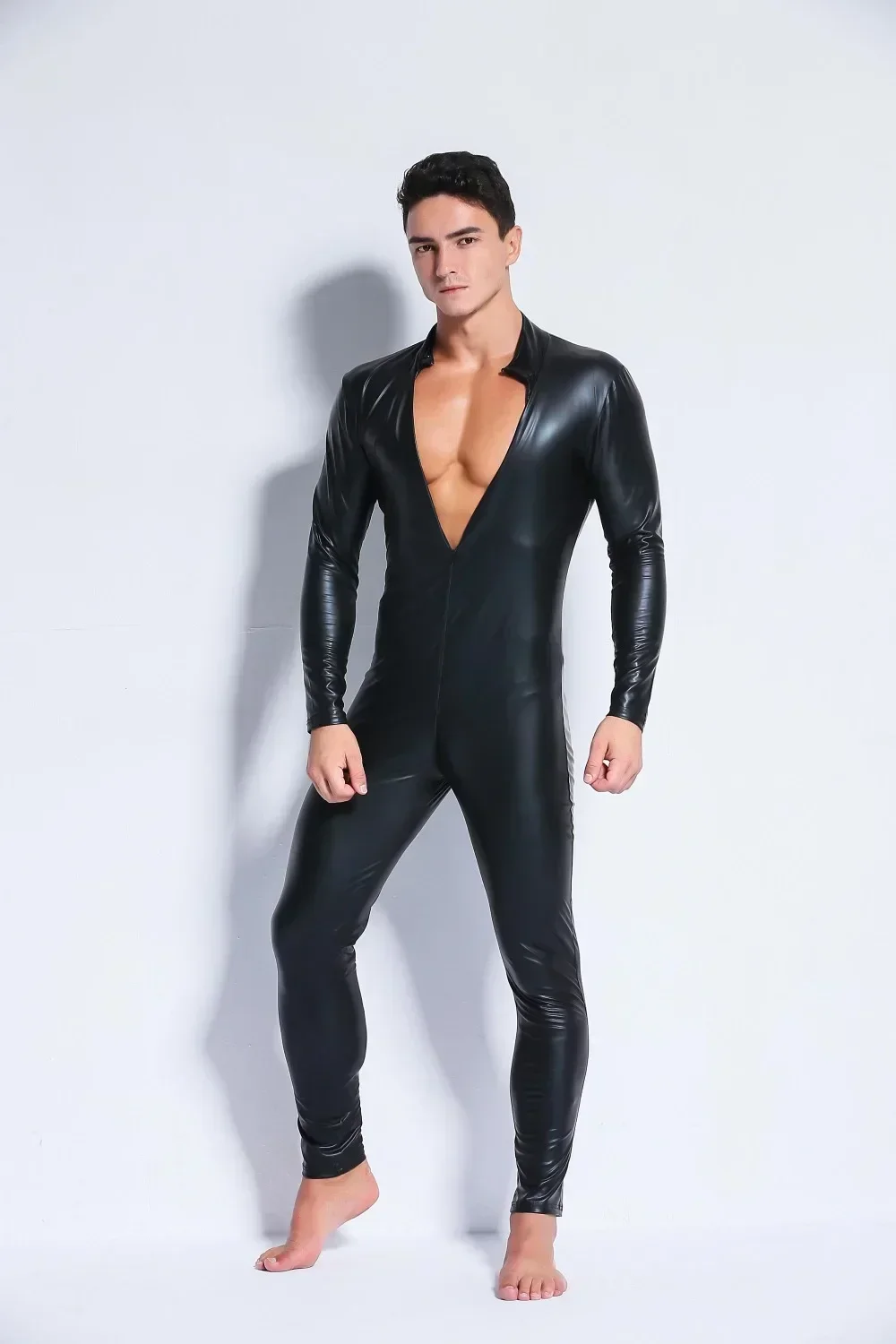 Plus Size Men Catsuit Faux Leather Long Zipper Crotch Bodysuit Night Club Jumpsuit Latex Bodysuit
