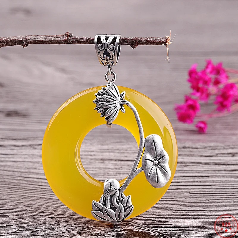 

S925 Sterling Silver Pendants for Women New Fashion Little Monk Lotus Inlaid Yellow Chalcedony Punk Jewelry Free Shipping