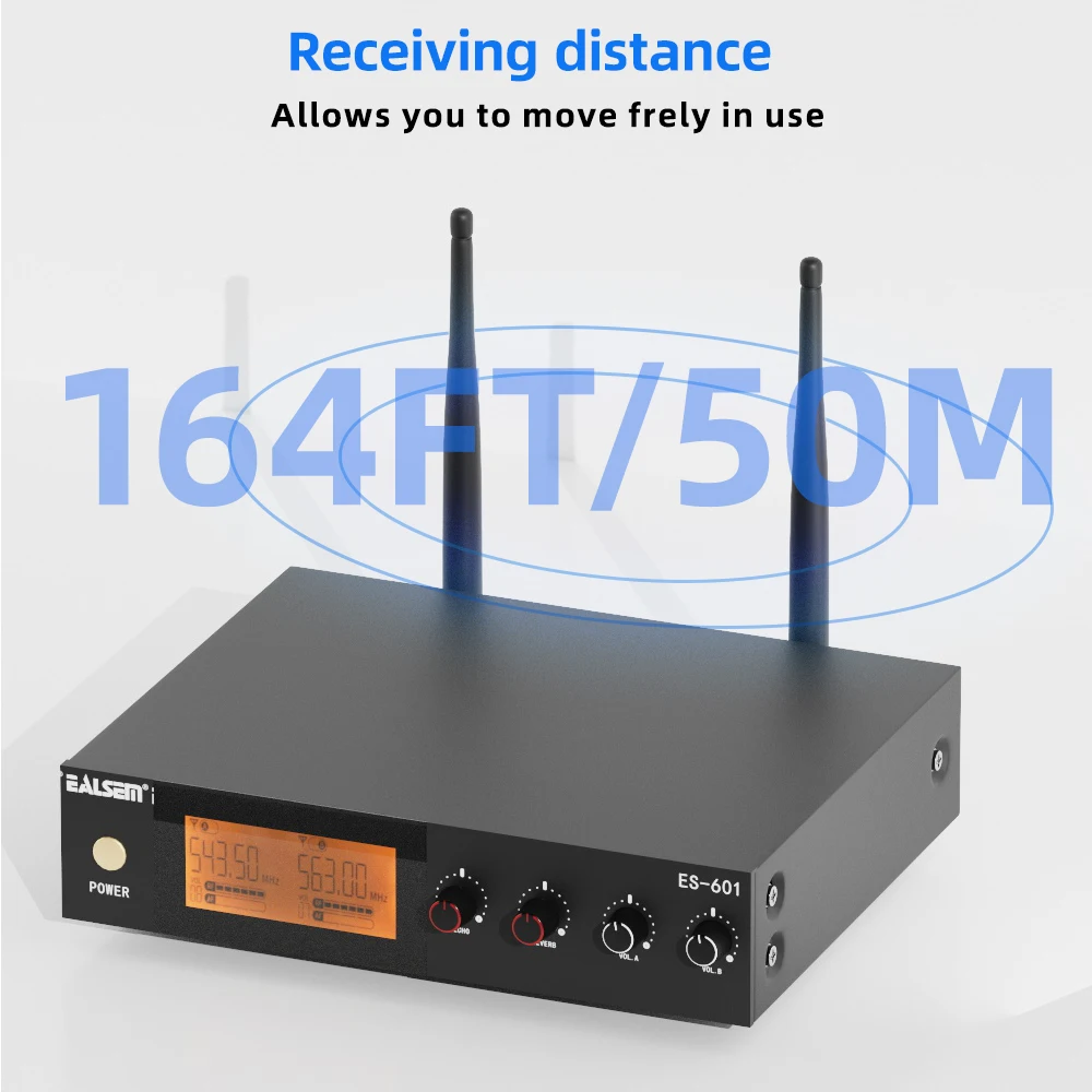 EALSEM 601 UHF Dual Channel Metal Dynamic Microphone,Receiver With Adjustable Reverberation, Echo,For KTV,Stage,164FT/50m,Black