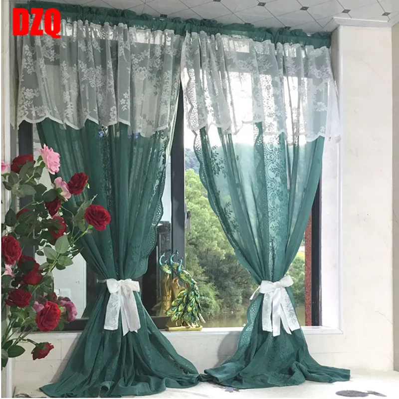 

Dark Green Lace Sheer Curtains for Kitchen Small Window Half Curtain Embroidered Flowers Translucent Tulle Short Curtain