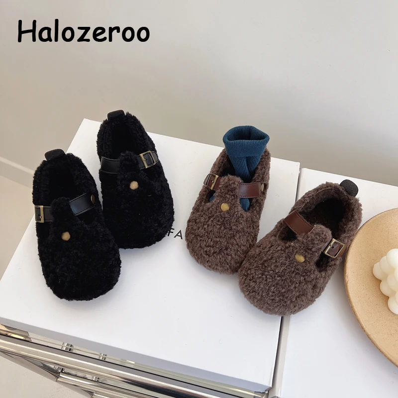 

New Winter Kids Fur Shoes Children Brand Princess Shoes Toddler Dress Ballet Falts Baby Girls Wam Fashion Shoes Soft Mary Jane