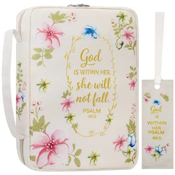 Floral Bible Cover with Zipper and Handle, Pen Holders, and Pockets