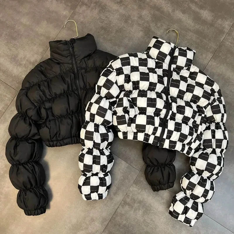 

2023 Stand Neck Winter Cropped Coat Women Korean Fashion Zipper Puff Sleeve Short Plaid Parkas Cotton Jacket Streetwear Outwear