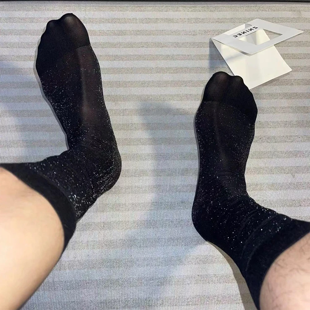 1 Pair Men\'s Sexy Shiny Silky Sock See Through Breathable Casual Stockings Man Business Dress Middle Tube Socks