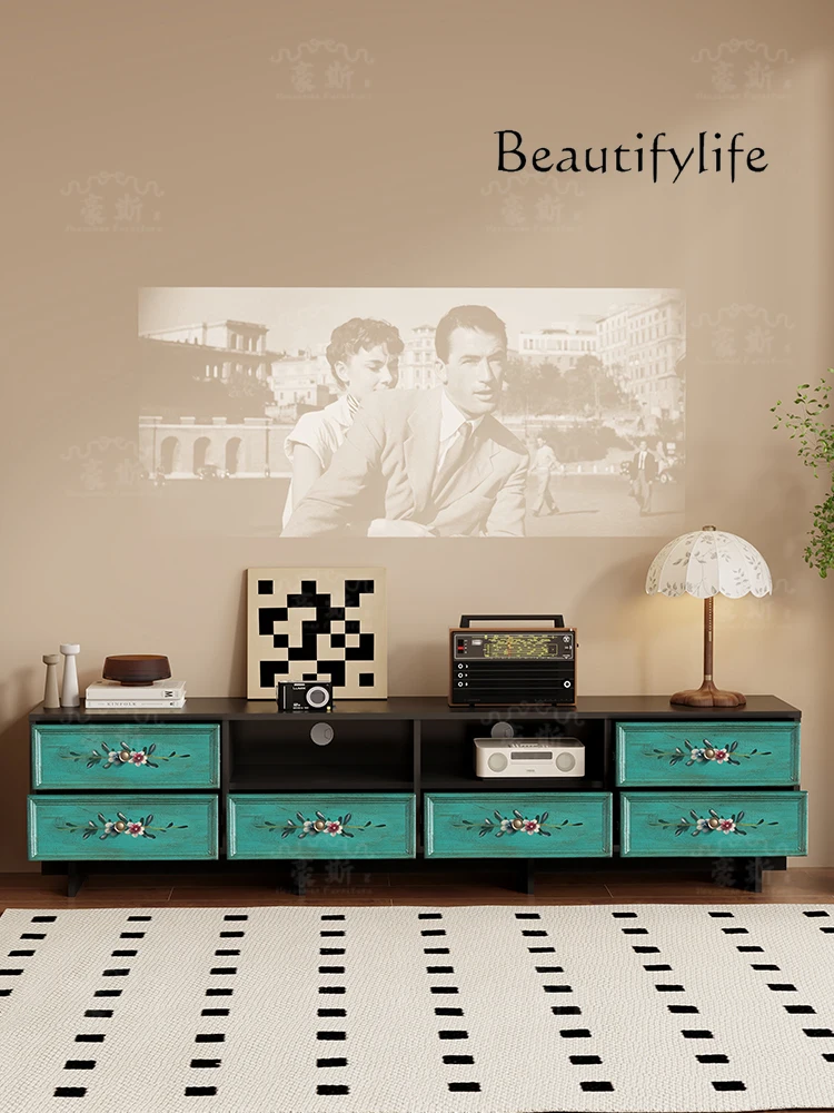 

American Hand Drawn TV Cabinet Retro Living Room Background Wall Display Cabinet Projection Screen Floor Storage Cabinet