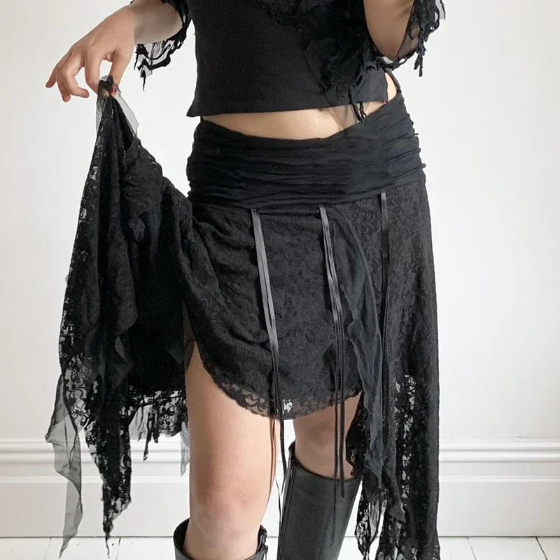 

Black Lace Irregular Long Skirt Gothic Style Fashion Women 2000s Vintage Y2k Flowy Skirts Vintage Aesthetic Lady Party Outfits