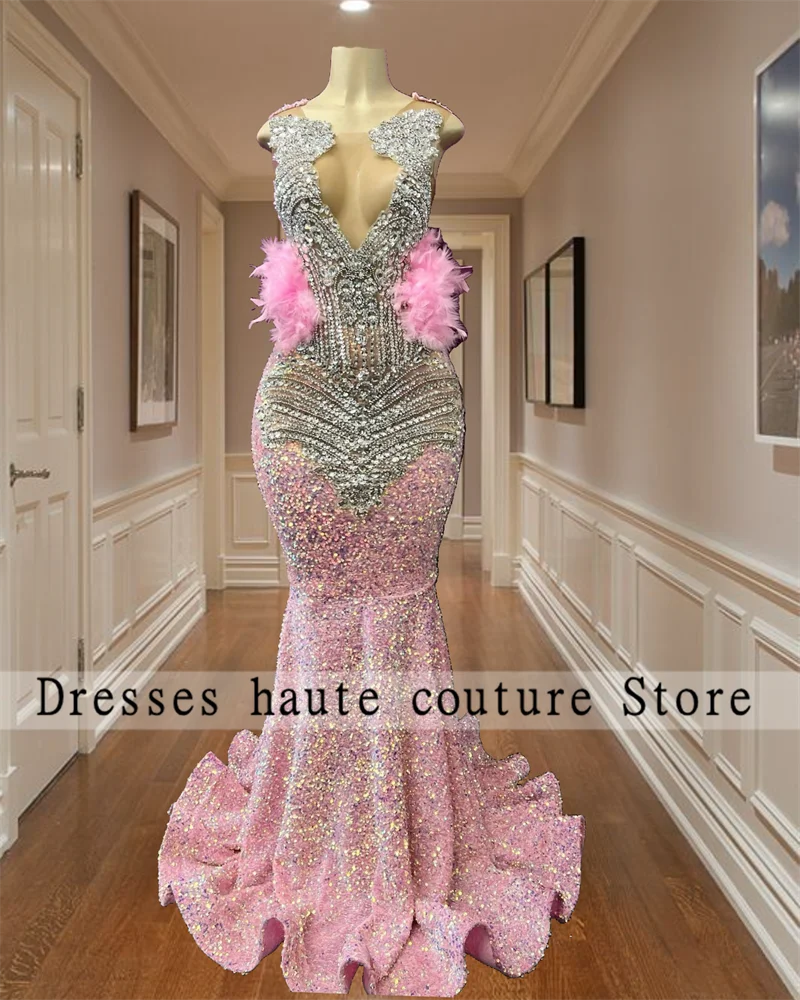 

Женское платье-Русалка для выпускного вечера, длинное розовое платье с блестками и стразами