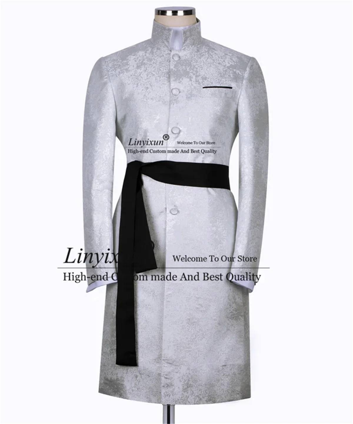 Customized Jacquard Men Suit With Belt Wedding Groom Tuxedo Slim Fit Male Prom Blazer 2 Piece Sets Long Coat Pants Costume Homme 4