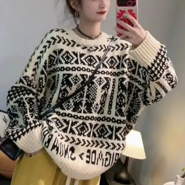 

Sweater Vintage Pullover Turtleneck Casual Sweaters For Women Clothing Geometry Pullovers Casual Free Shipping Clothes