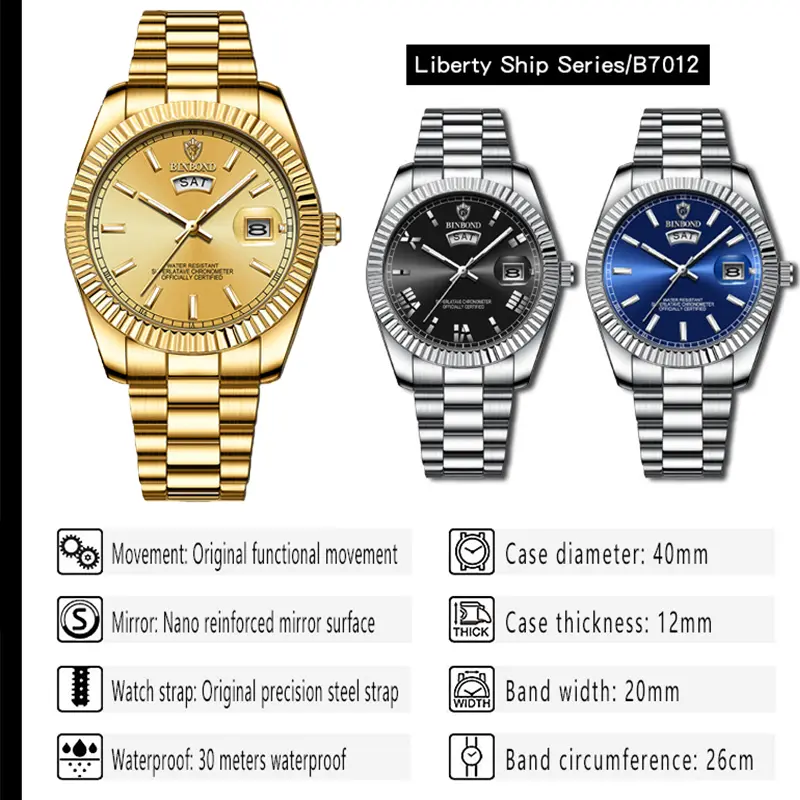 BINBOND B7012 Mens Fashion Business Sports Quartz Watch 30M Waterproof Luminous Classic Calendar Creative Clock Mens Wristwatch - Image 4
