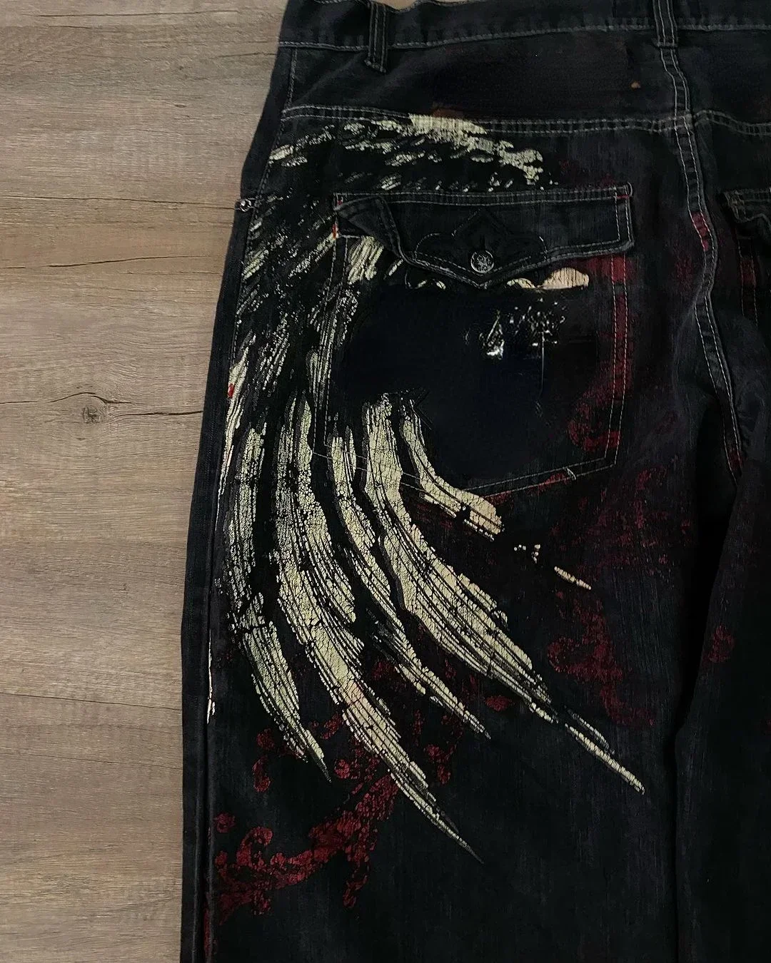 Y2K Vintage Jeans New Harajuku Hip Hop Wing Pattern Embroidery Print Baggy Jeans Pants Goth High Waist Wide Trousers Streetwear 2
