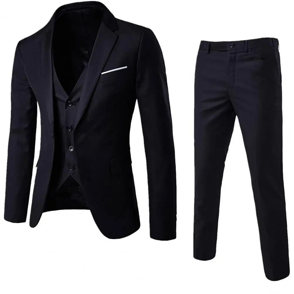 Korean Style Men Blazer Vest Pants Set Casual Business Buttons Cuff Blazer Vest Trousers Men Suit Wedding Groom Formal Suit 4