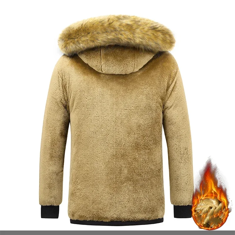 Winter Parker Men's Fleece Coat Thickened Warm Hooded Fur-collared Coat Men's Plush Jacket Autumn Work Coat Black