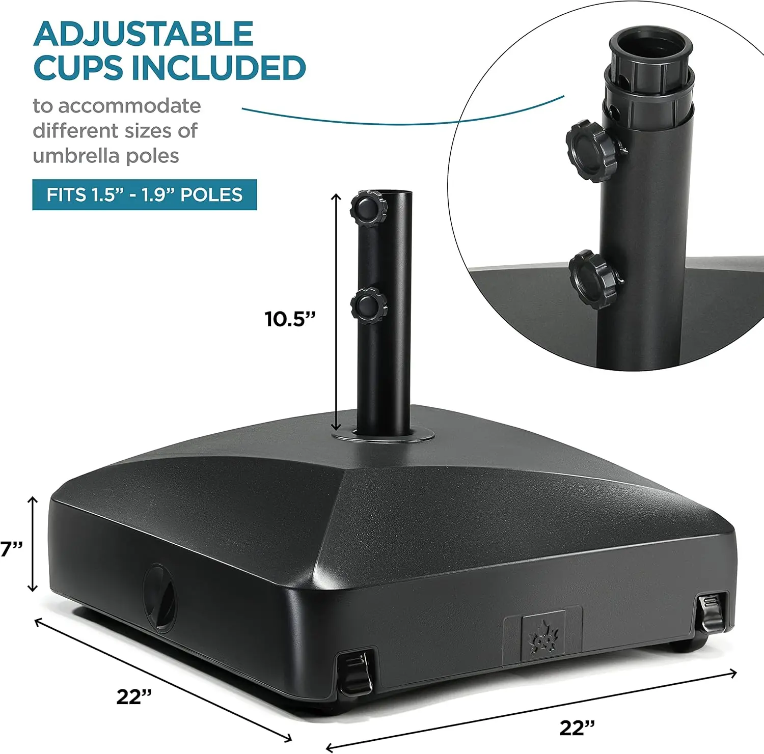 Umbrella Base - Fillable Umbrella Pole Holder 2 Knobs, with Heavy Duty Windproof Design  4 Wheels , 2 Locks, Holds 125 lbs