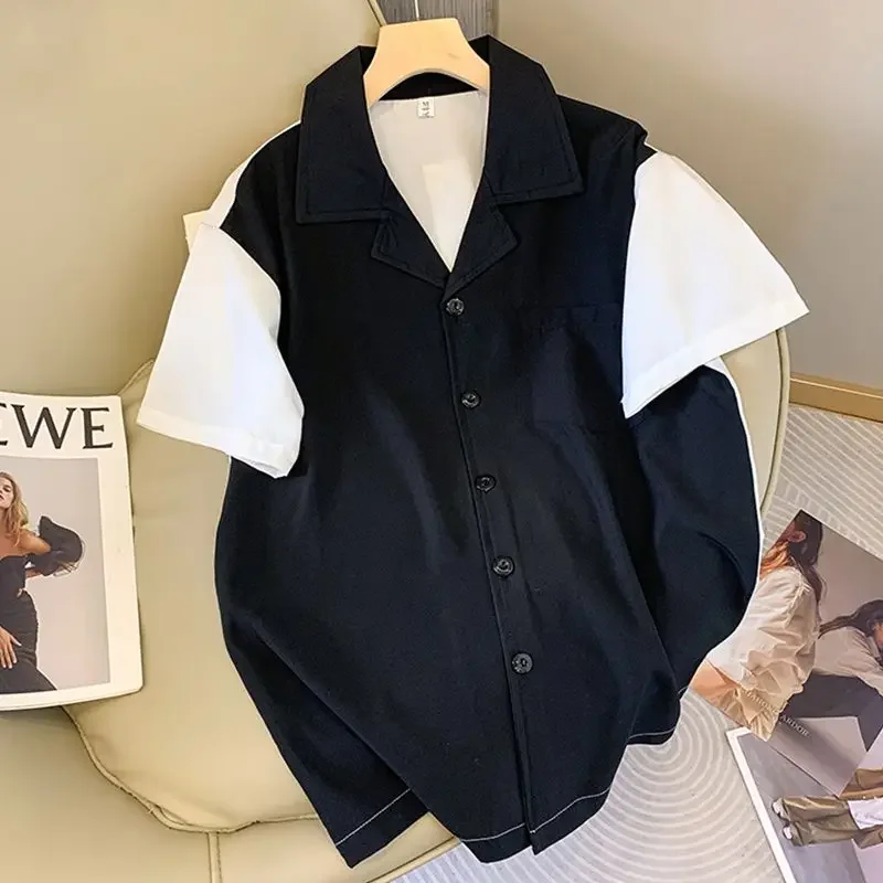DAYIFUN Summer Couple Shirts Thin Contrast Panel Design Short Sleeve Blouses Suit Collar Sunscreen Blusas Women Simple Loose Top