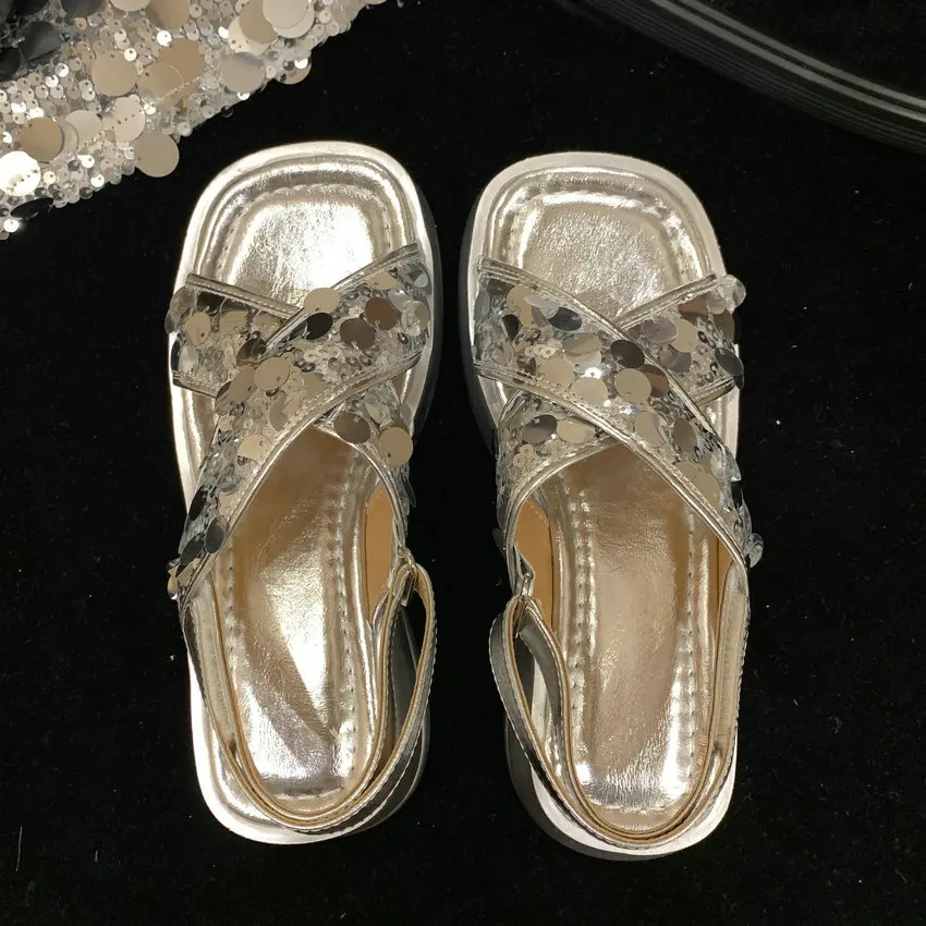 QUTAA Gold Silver Party Wedding Shoes For Women Wedge High Heels Prom Pumps Sexy Slingbacks Sandals Size 34-39