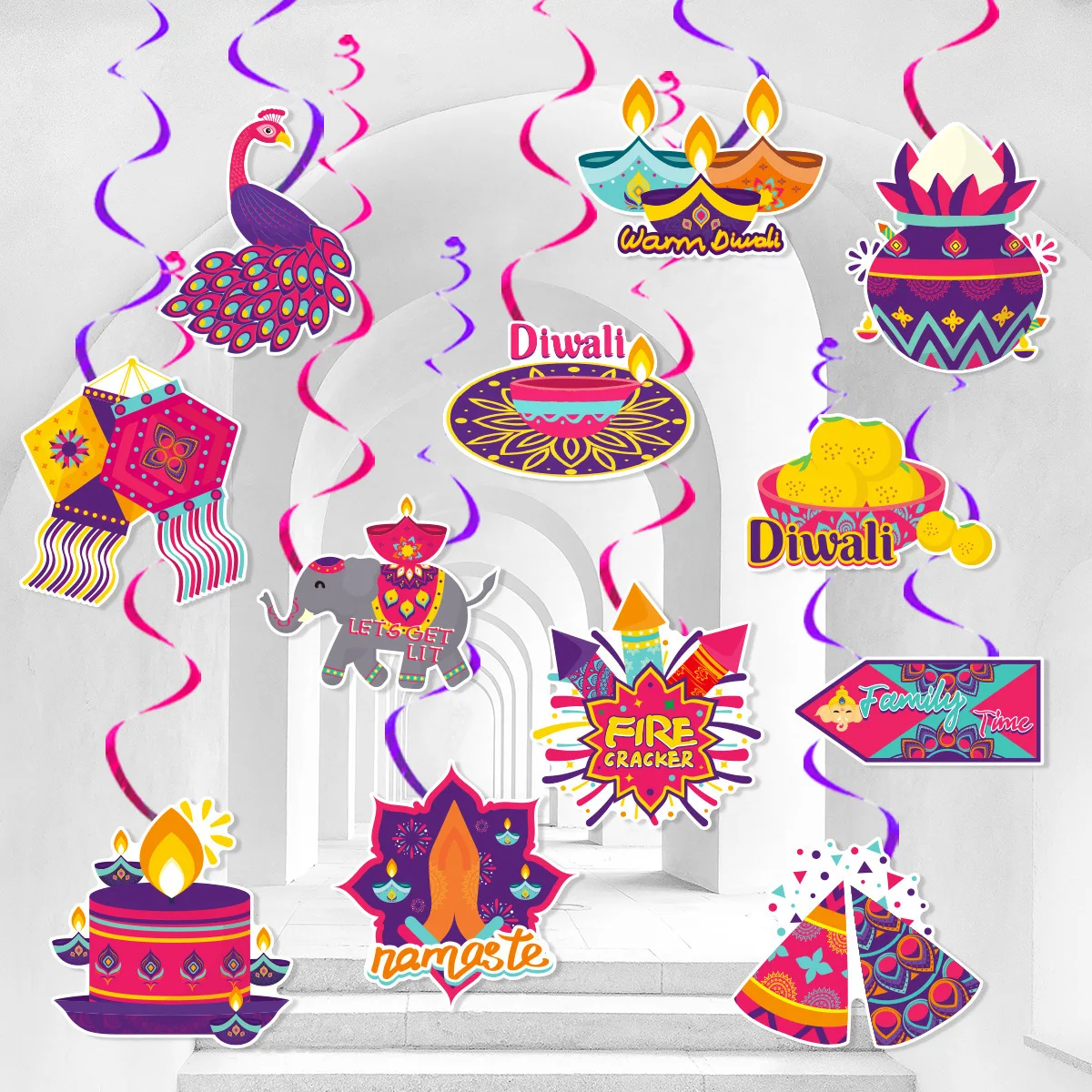 12 Teile/paket Happy Diwali Thema Party Spirale Banner Kerze Swirl Hängende Girlande Foto Requisiten für Indien Diwali Festival Party Decor