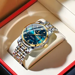 Luxury Men's Waterproof Stainless Steel Quartz Watch with Date and Week Display (Gold Blue)