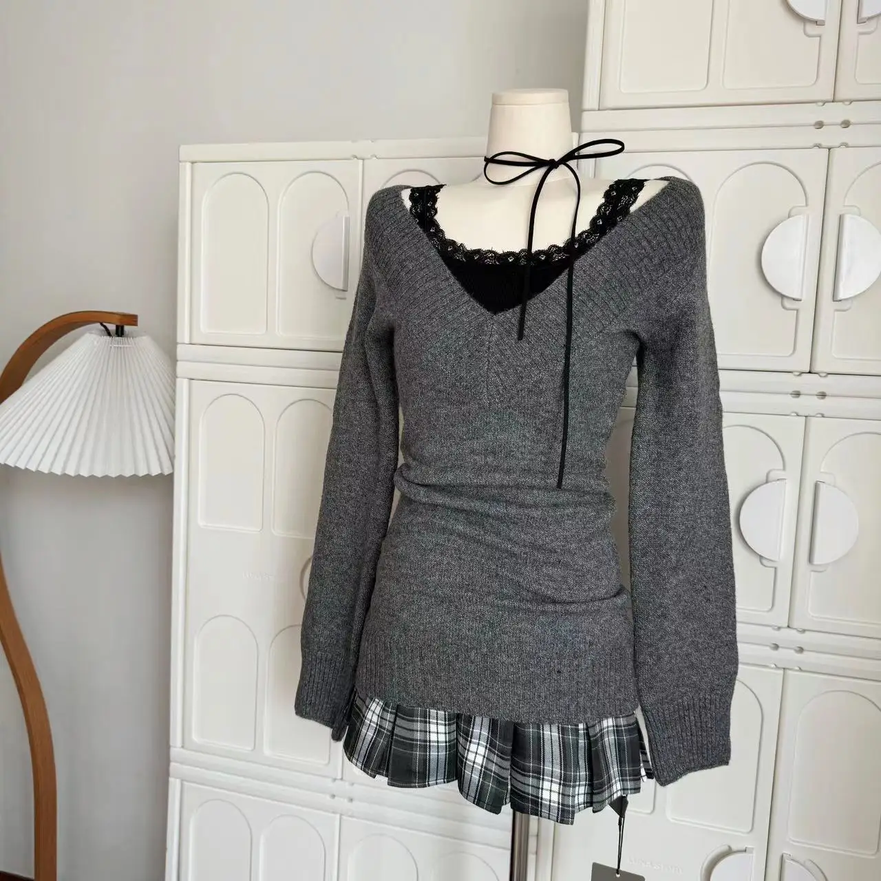 Autumn Winter Woman Gyaru V-neck French Vintage Sweater Long Sleeve Pullover Knitwear Mini Skirt 2000s Aesthetic 3-piece Outfits