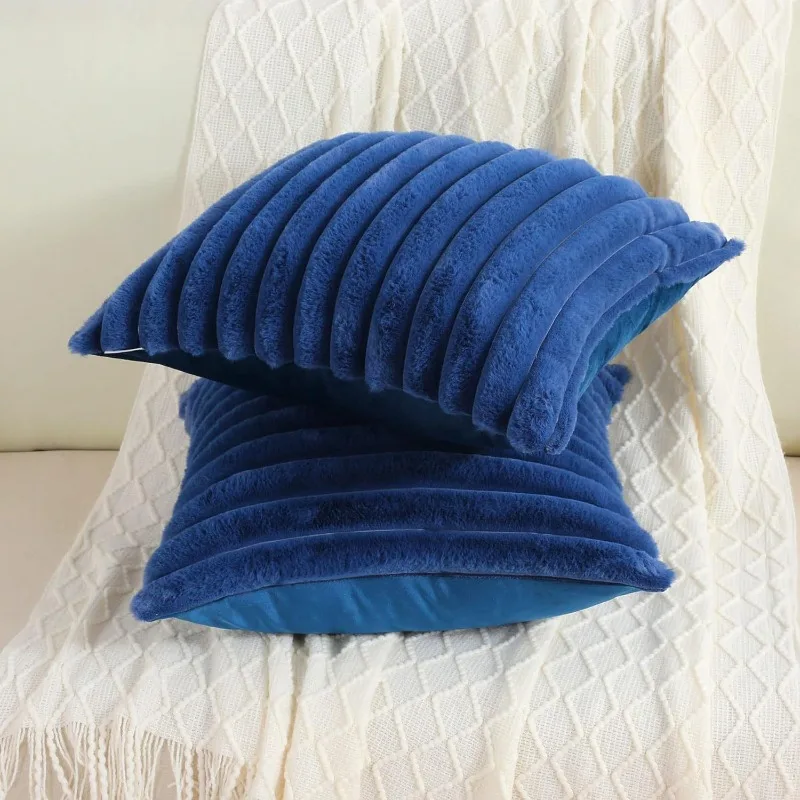 Luxurious Faux Rabbit Fur Striped Cushion Cover – Super Soft Solid Color (24×24 inch)