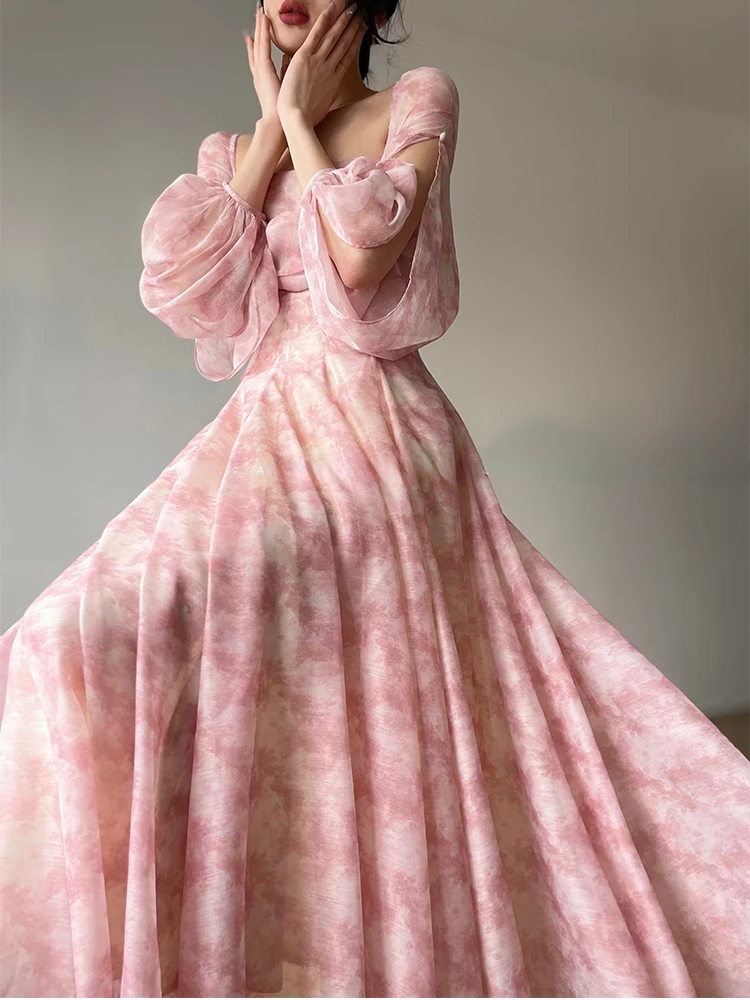 Pink Floral Dress Elegant Woman Long Sleeve Chiffon Casual Midi Dress Even Party Elegant Flormal Dress Beach Style 2023 Summer