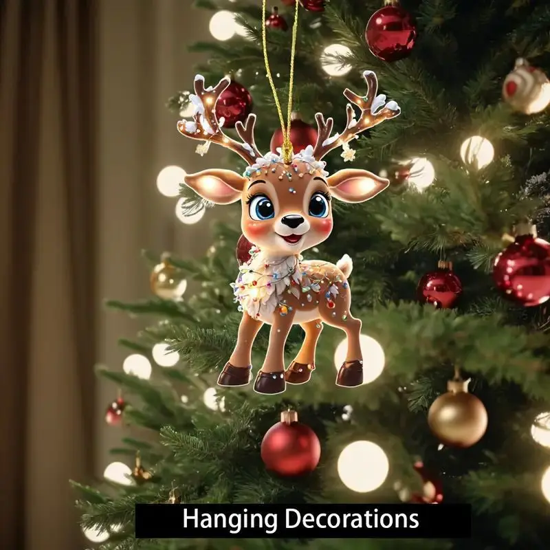2D Acrylic Cartoon Fawn Christmas Tree Pendant Christmas Cartoon Cute Elk Hanging Decorations 2025 New Year Gifts Party Decor