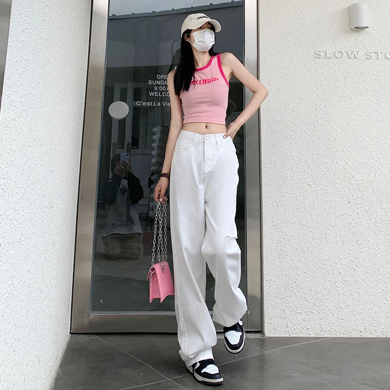 XS-XL Size Hole Wide Leg Jeans Women Loose Full Length High Waist Straight Cotton Casual Trousers Ripped Streetwear Korean Style