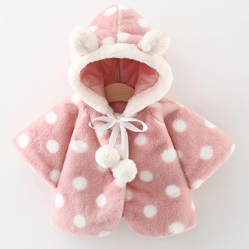 

Newborn Baby Girl Winter Clothes Korean Cute Dot Hooded Shawl Cloak Warm Fleece Kids Fur Coat Toddler Jacket Outerwear BC281
