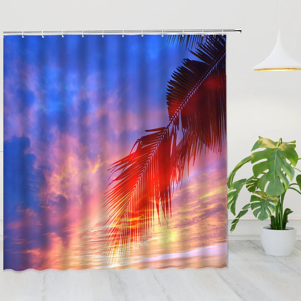 

Beach Sunset Shower Curtain Tropical Seaside Plam Trees Shower Curtain Ocean Waves Shower Curtain Blue Sky Coastal Sun with Hook